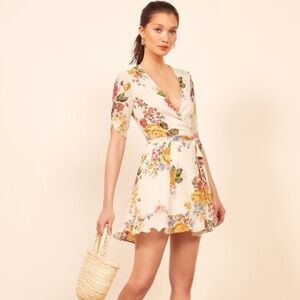 REFORMATION Monica Ecru Floral Bouquet Print Wrap Dress, Size XS